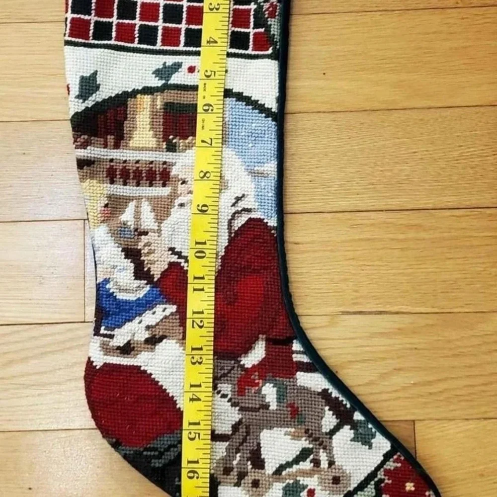 Vintage Needle Point Christmas Stocking Santa's Workshop Velvet‎